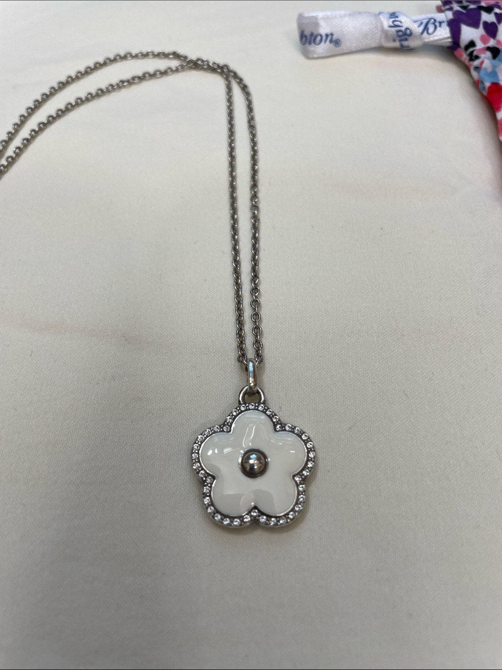 Brighton Silver Flower Necklace with White Enamel Pendant